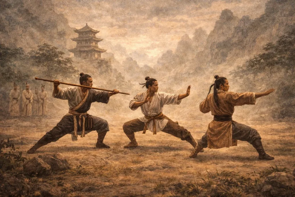Ancient Chinese athletes practicing early martial arts and physical training