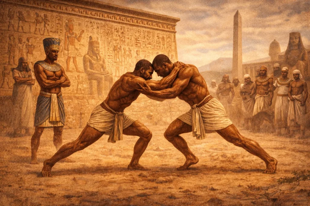 Ancient Egyptian wrestlers practicing organized sport near temple walls