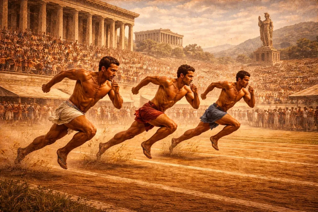 Ancient Greek Olympic athletes competing in running, wrestling, and discus events