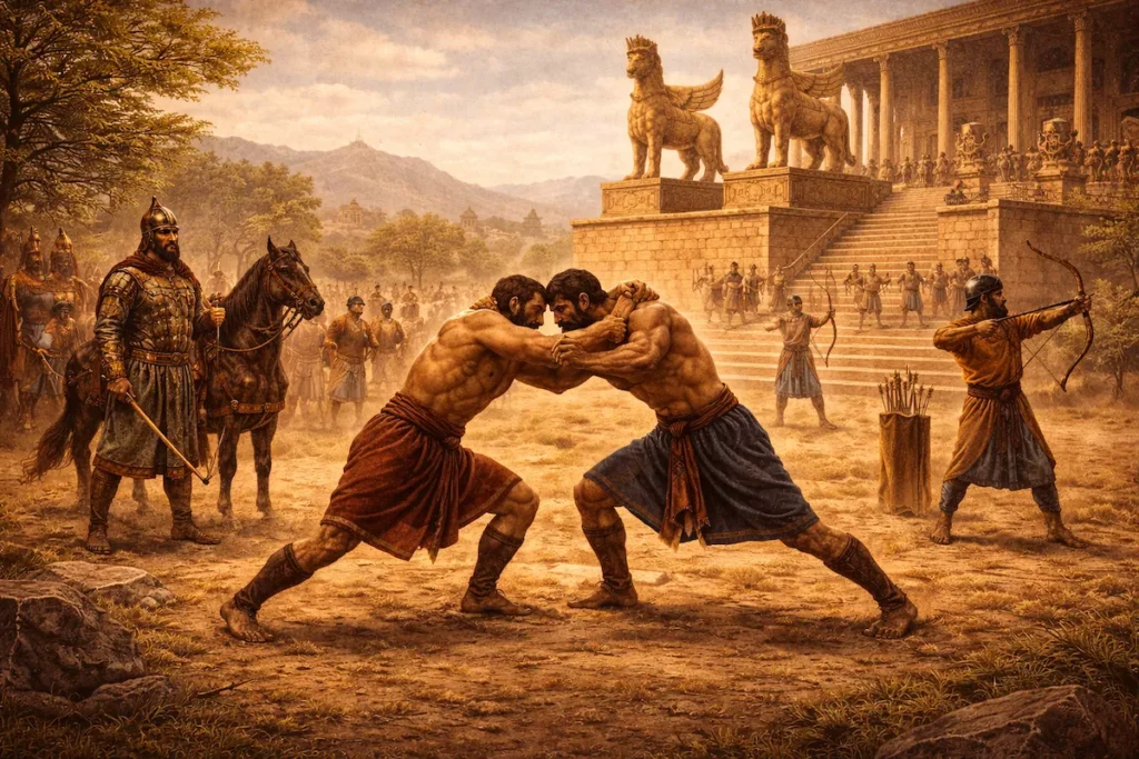 Ancient Persian warriors practicing wrestling and physical training in front of Persepolis