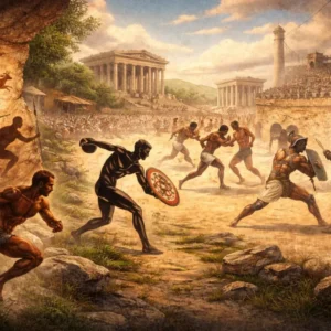 history-of-sport-origins Digital illustration showing the origins of sport from prehistoric times to ancient civilizations