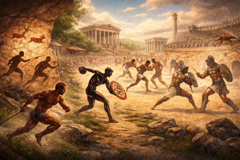 Digital illustration showing the origins of sport from prehistoric times to ancient civilizations