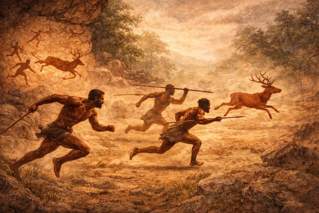 Prehistoric humans practicing physical activities such as running and hunting for survival