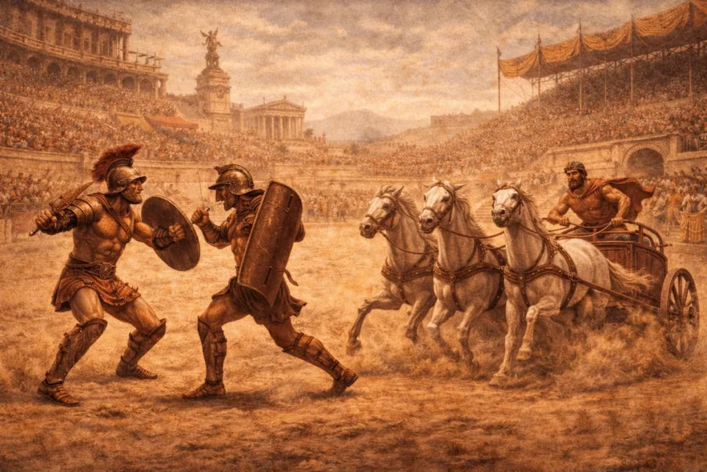 Roman gladiators fighting in an arena while chariot racing entertains the crowd